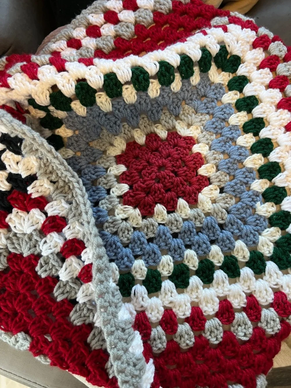 Handmade Crochet Granny Square Throw in Red, White, Gray, Blue, Black, Green new